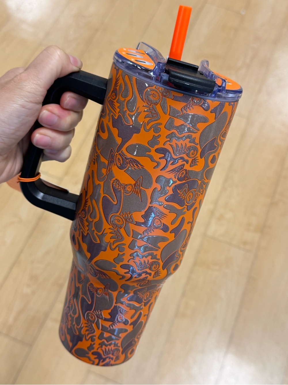 Von Dutch Orange Patterned Stainless Travel Tumbler with Handle